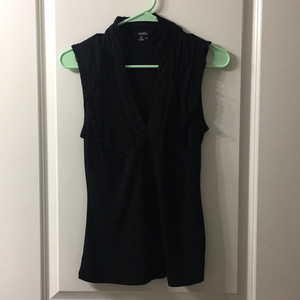 Black ruffled vneck blouse